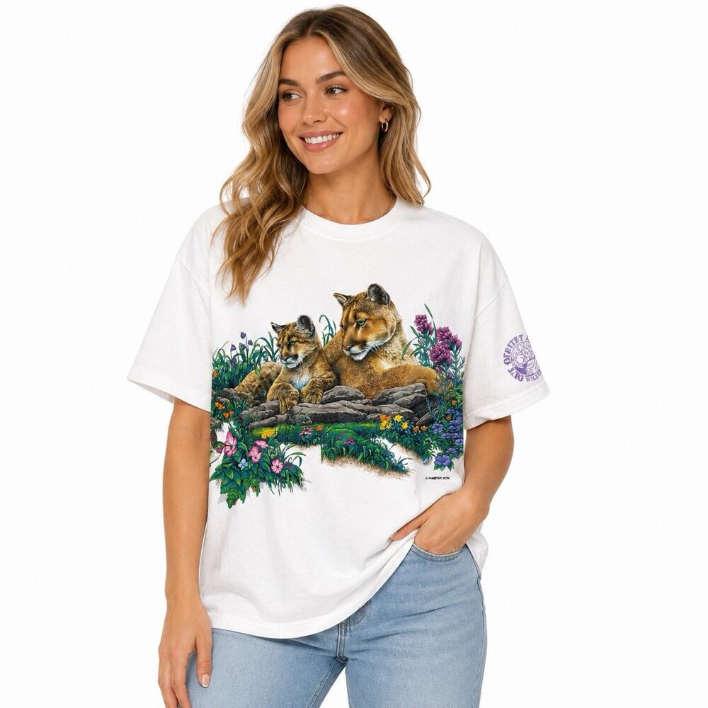 Vintage 90s Habitat T Shirt Mountain Lion Cougar Hummingbird Wildlife XL No Tags